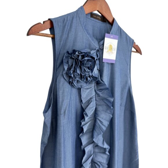 The Limited L Blue Sleeveless Blouse Button Ruffle Front Fabric Flower Shirt NWT - Picture 2 of 16